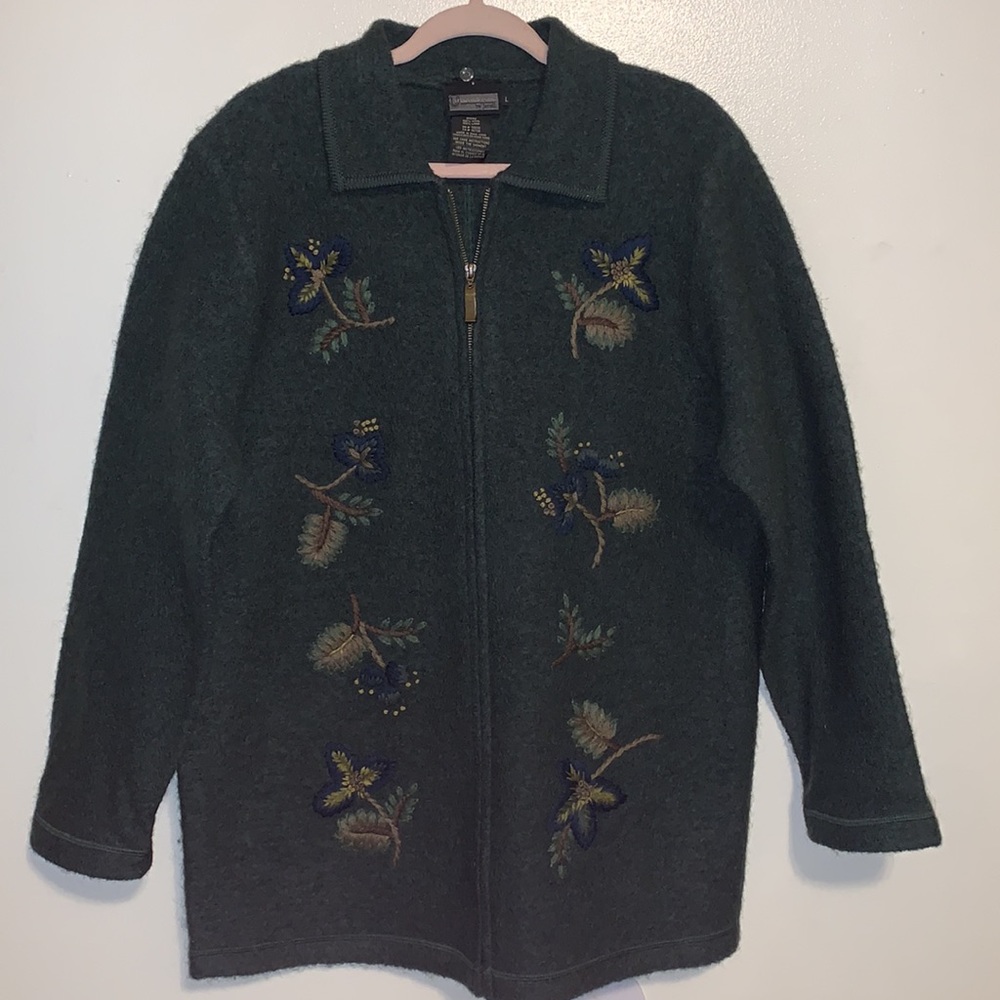 Vintage wool embroidered zip up jacket fur collar